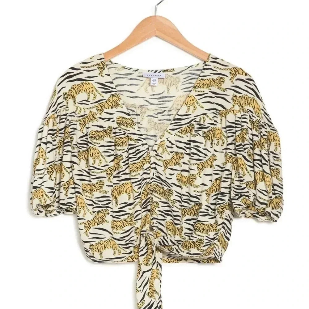 TOPSHOP Nordstrom NWT Tiger Animal Print Puff Sleeve Crop Tie Front Blouse - Picture 1 of 9
